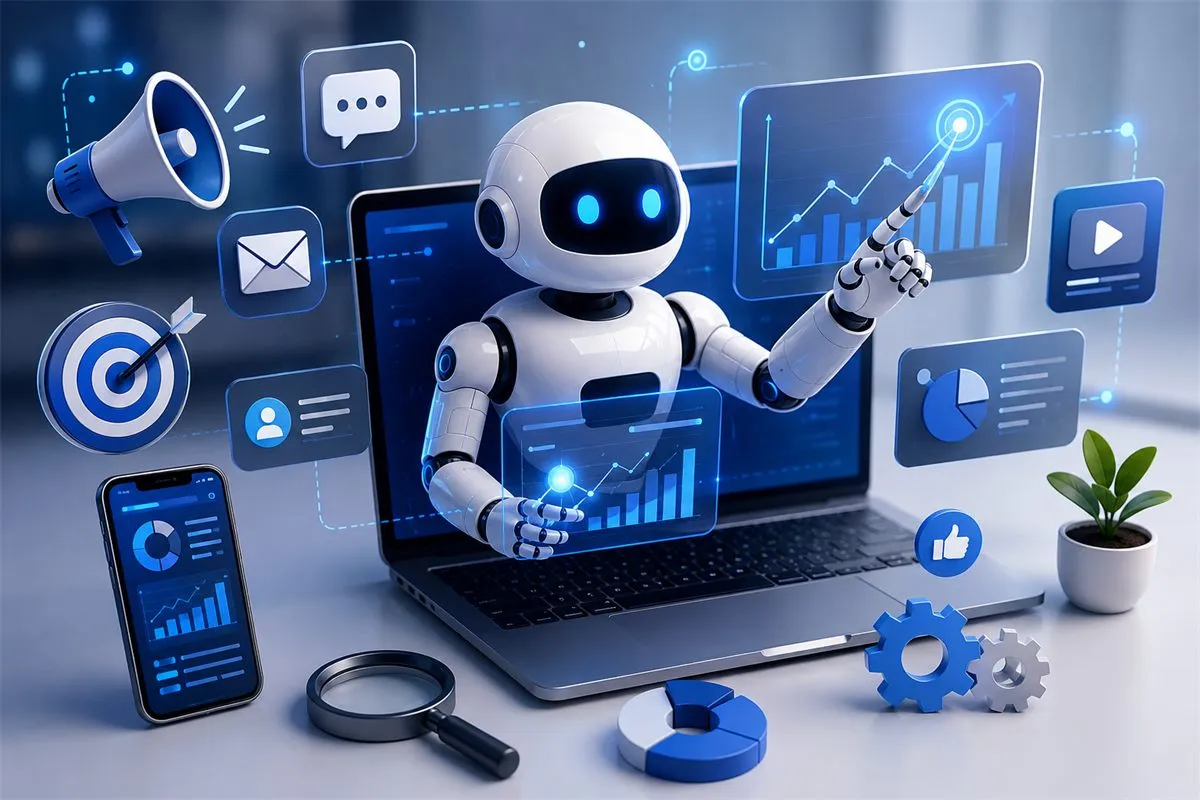 Illustration of AI-powered marketing automation and analytics