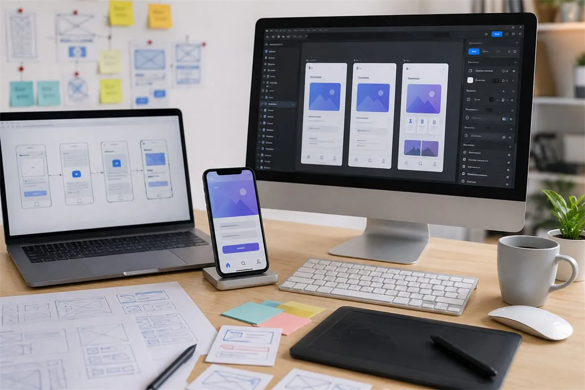 Website and app designs on a designer’s desk