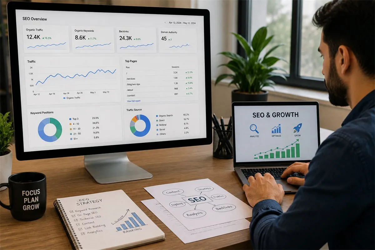 Marketer reviewing Google Ads and growth analytics on two screens